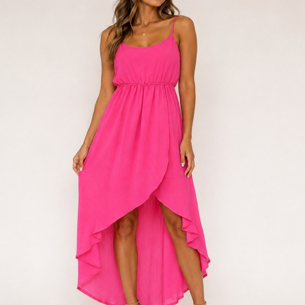 Hot Pink‎ High Low Chiffon Spaghetti Strap Elastic Waist Party Dress Large